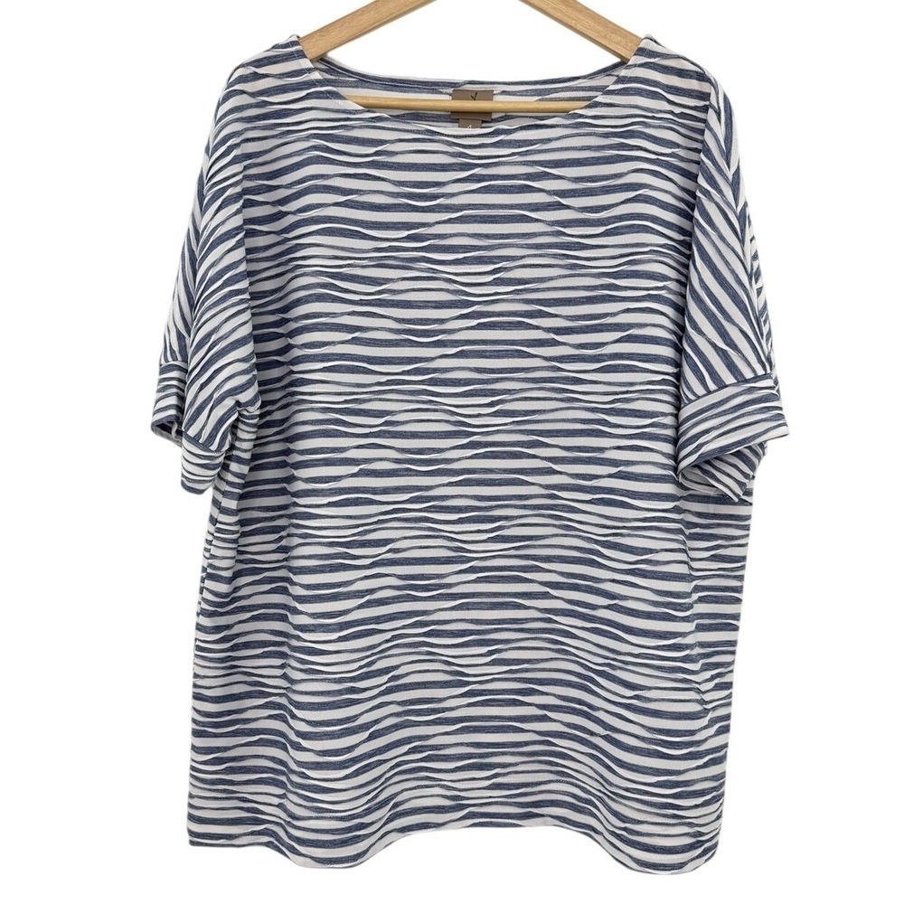 Chico's Blue White Striped Textured Wave Boat Neck Dolman Top Size 4